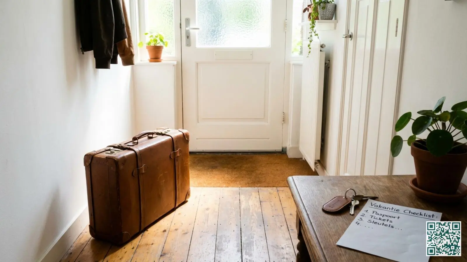 Koffer in een lichte hal bij de voordeur met sleutels en een checklist op een tafeltje
