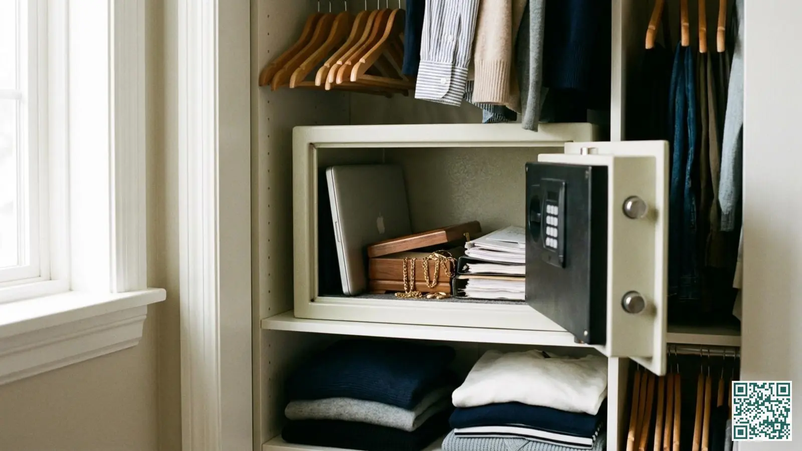 Kleine geopende kluis in een kledingkast met daarin een laptop, sieradendoos en belangrijke documenten