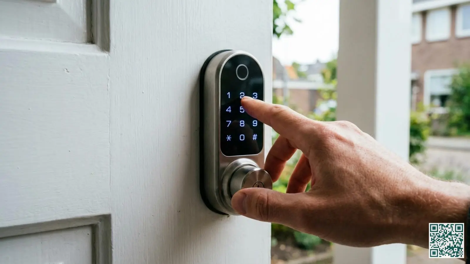 Hand die een pincode invoert op een verlicht codepaneel van een slim slot aan een witte houten voordeur