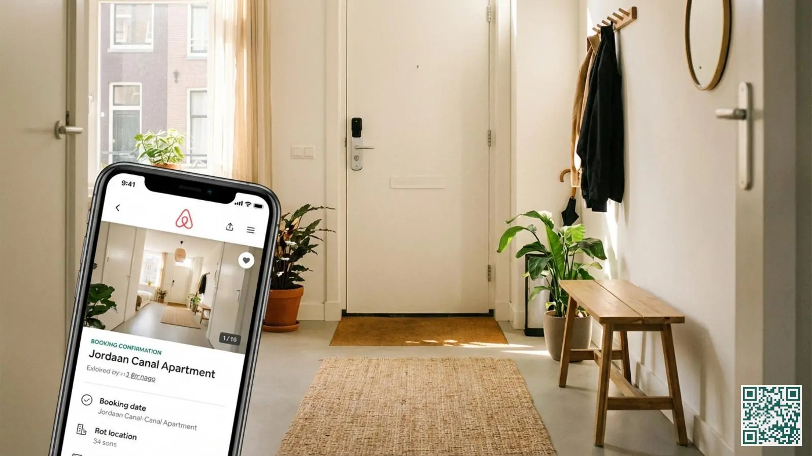 Smartphone met Airbnb app op de voorgrond en een modern slim deurslot op een witte voordeur op de achtergrond