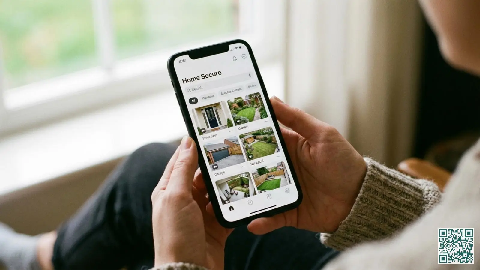Handen houden smartphone vast met beveiligingsapp die meerdere camerabeelden van een woning toont