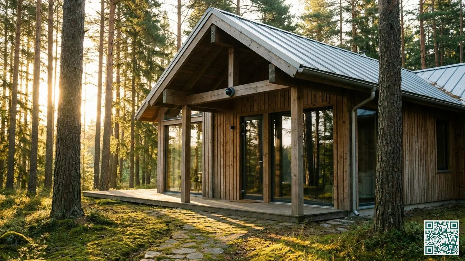 Houten vakantiewoning in bosrijke omgeving met zichtbare beveiligingscamera bij de ingang