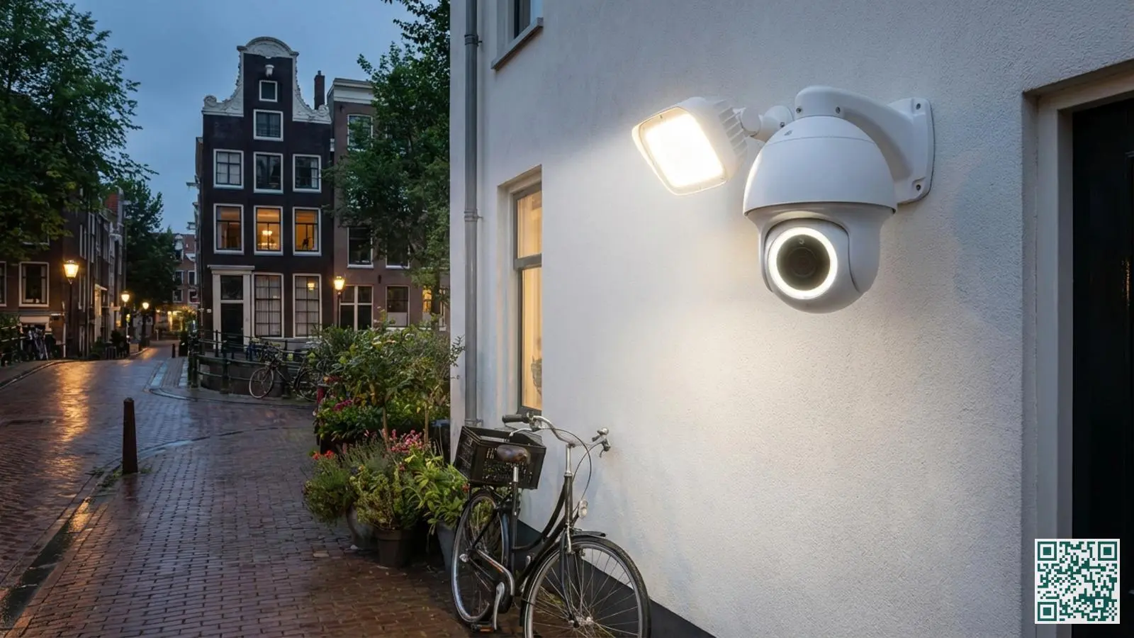Witte beveiligingscamera gemonteerd op huisgevel gericht op oprit met bewegingsgestuurde verlichting in avondsetting