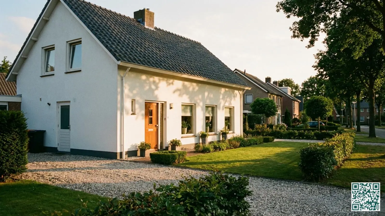 Nederlandse vrijstaande woning met witte gevel en meerdere zichtbare toegangspunten zoals voordeur zijdeur en ramen op de begane grond