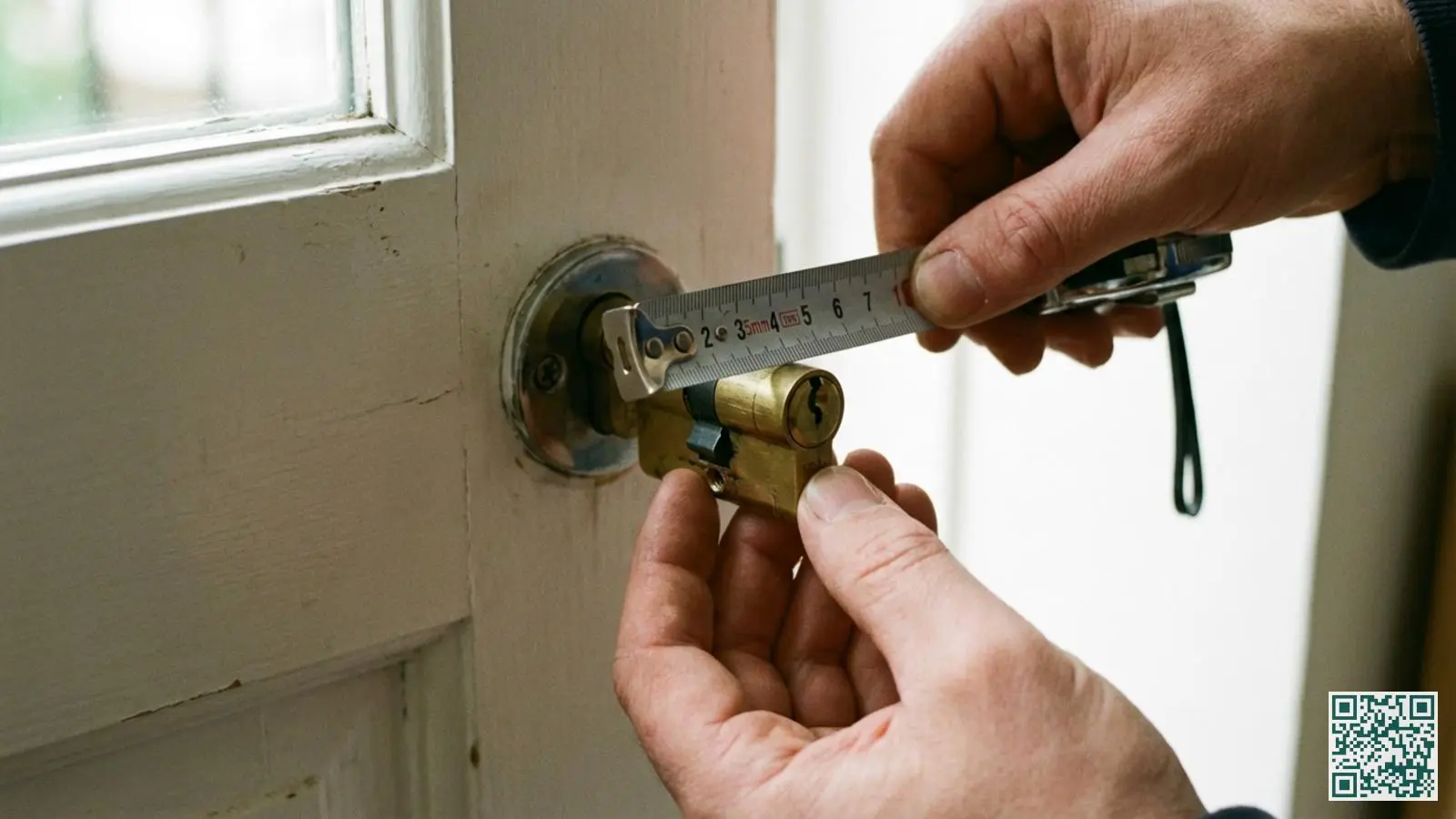 Handen meten de lengte van een cilinderslot met een meetlint vanaf het midden van de schroef tot de rand van de deur