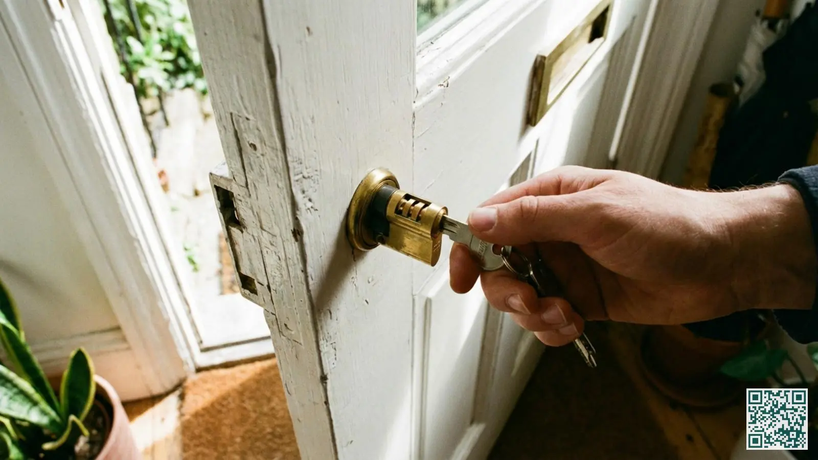 Messing cilinderslot met sleutel in een witte houten voordeur waarbij het slotmechanisme zichtbaar is