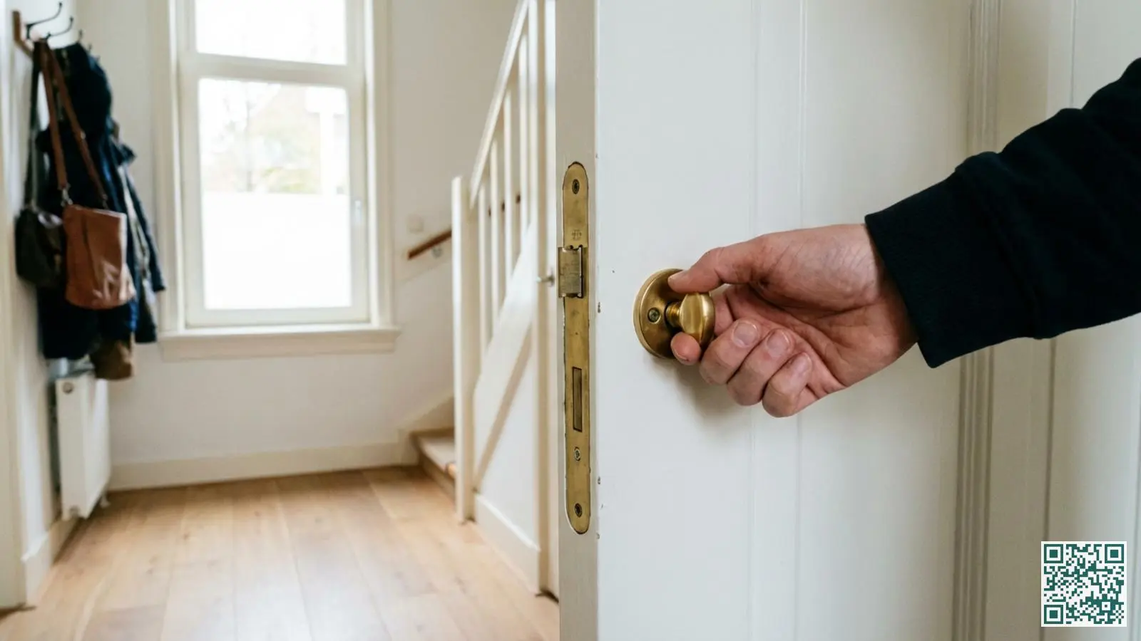 Hand die een messing draaiknop op een witte voordeur bedient om de deur van binnenuit te openen