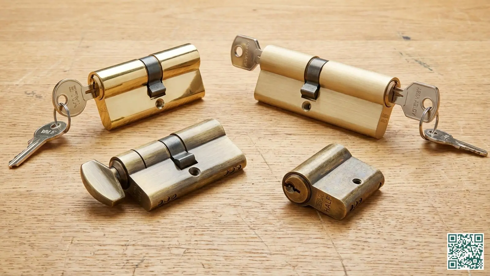 Vier verschillende typen cilindersloten naast elkaar op een houten ondergrond waaronder een enkele dubbele en knopcilinder