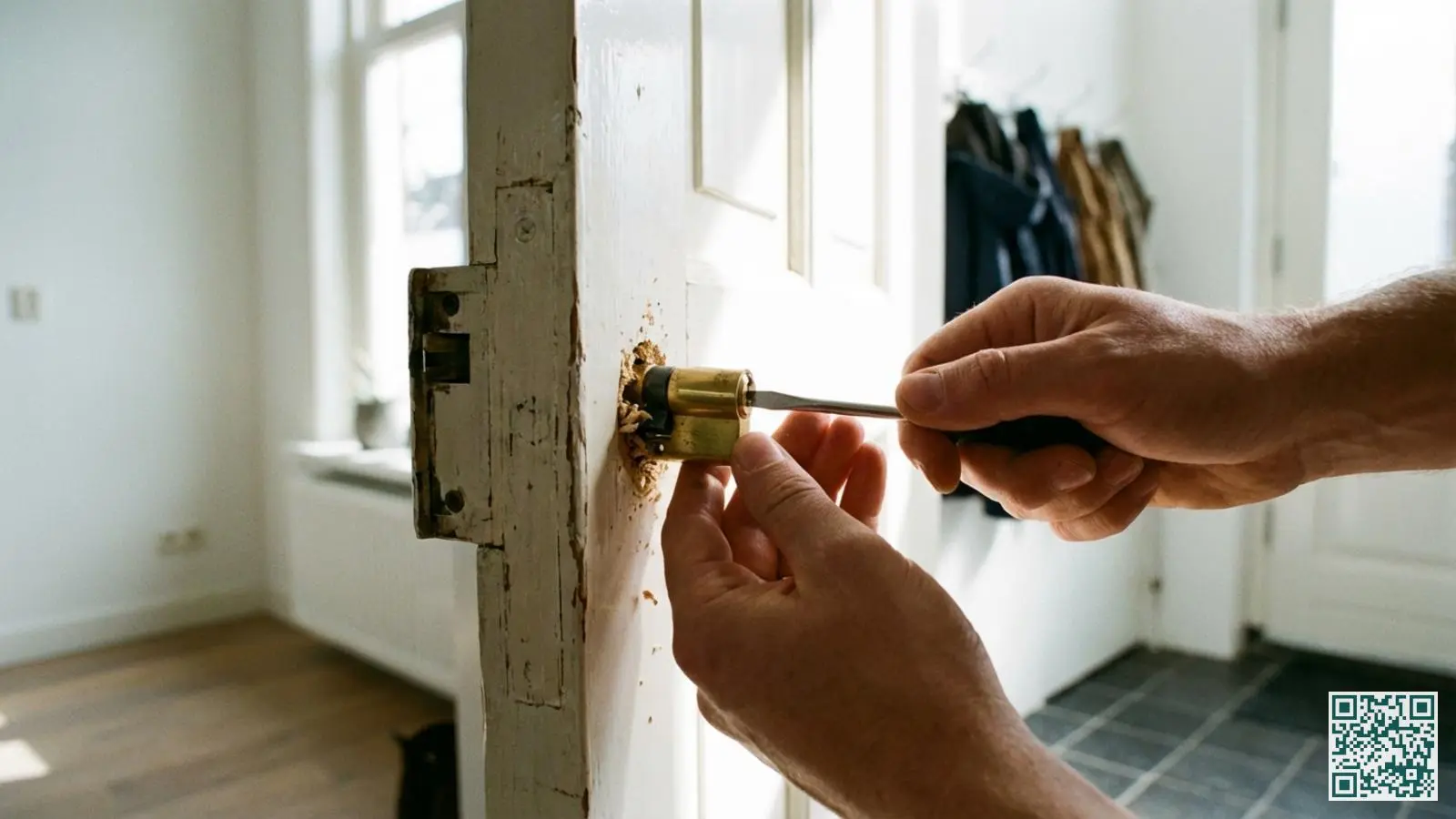 Handen gebruiken een platte schroevendraaier om een messing cilinderslot uit een witte houten deur te verwijderen
