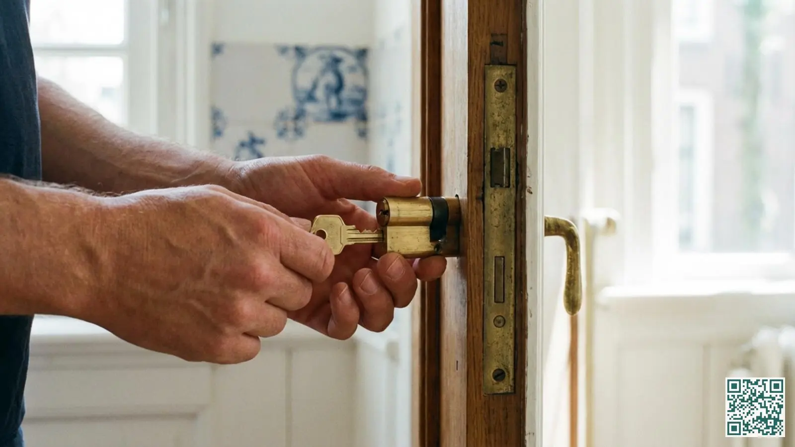 Een nieuwe messing cilinder met sleutel wordt voorzichtig in het slotmechanisme van een deur geplaatst