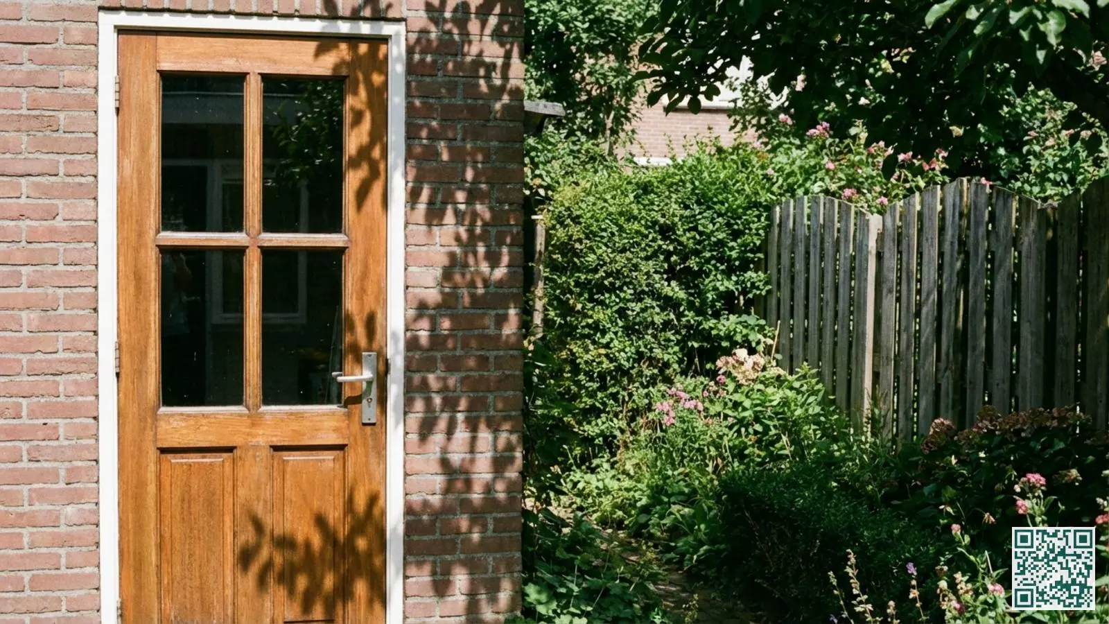 Houten achterdeur met glazen panelen naar een afgeschermde tuin met hoge schutting en heggen