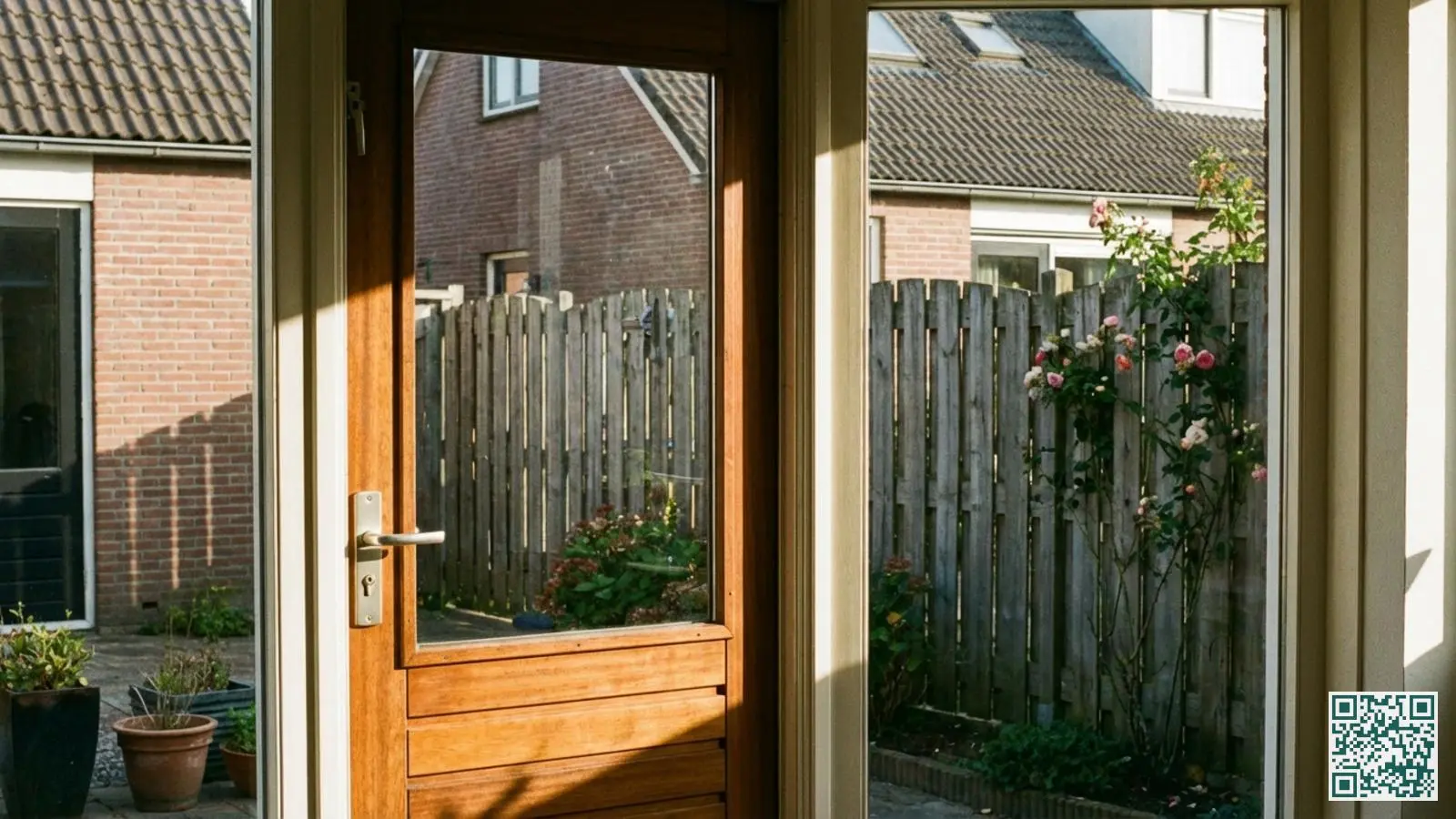 Typische Nederlandse achterdeur met groot glazen paneel en zicht op een afgesloten achtertuin met houten schutting