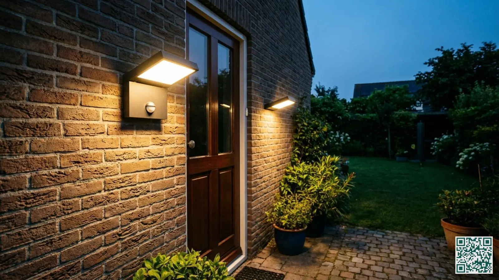 Moderne LED buitenlamp met bewegingssensor gemonteerd naast een achterdeur die de toegang verlicht in de schemering