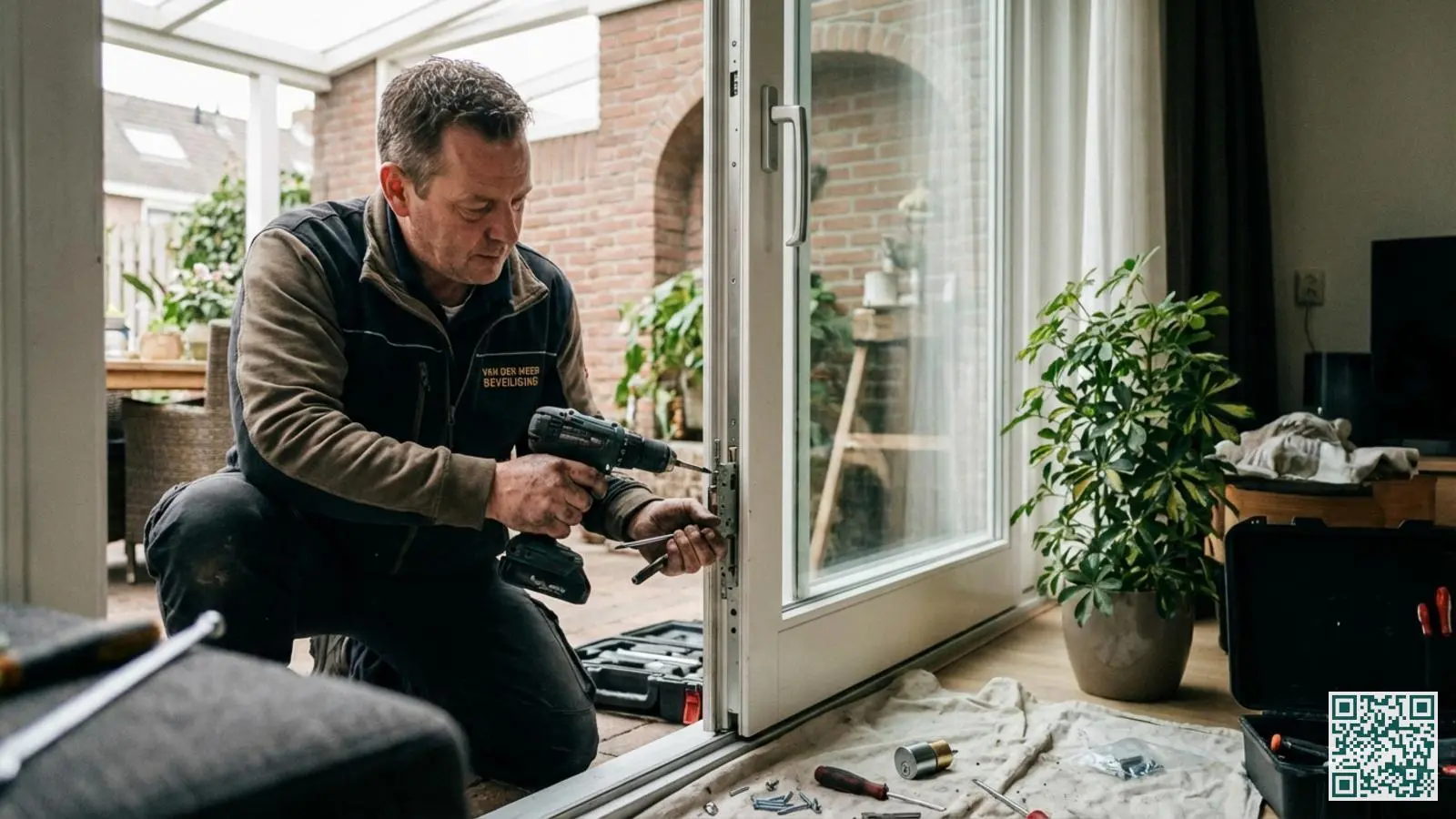 Beveiligingsspecialist installeert een nieuw veiligheidsslot op een schuifpui in een Nederlandse woning