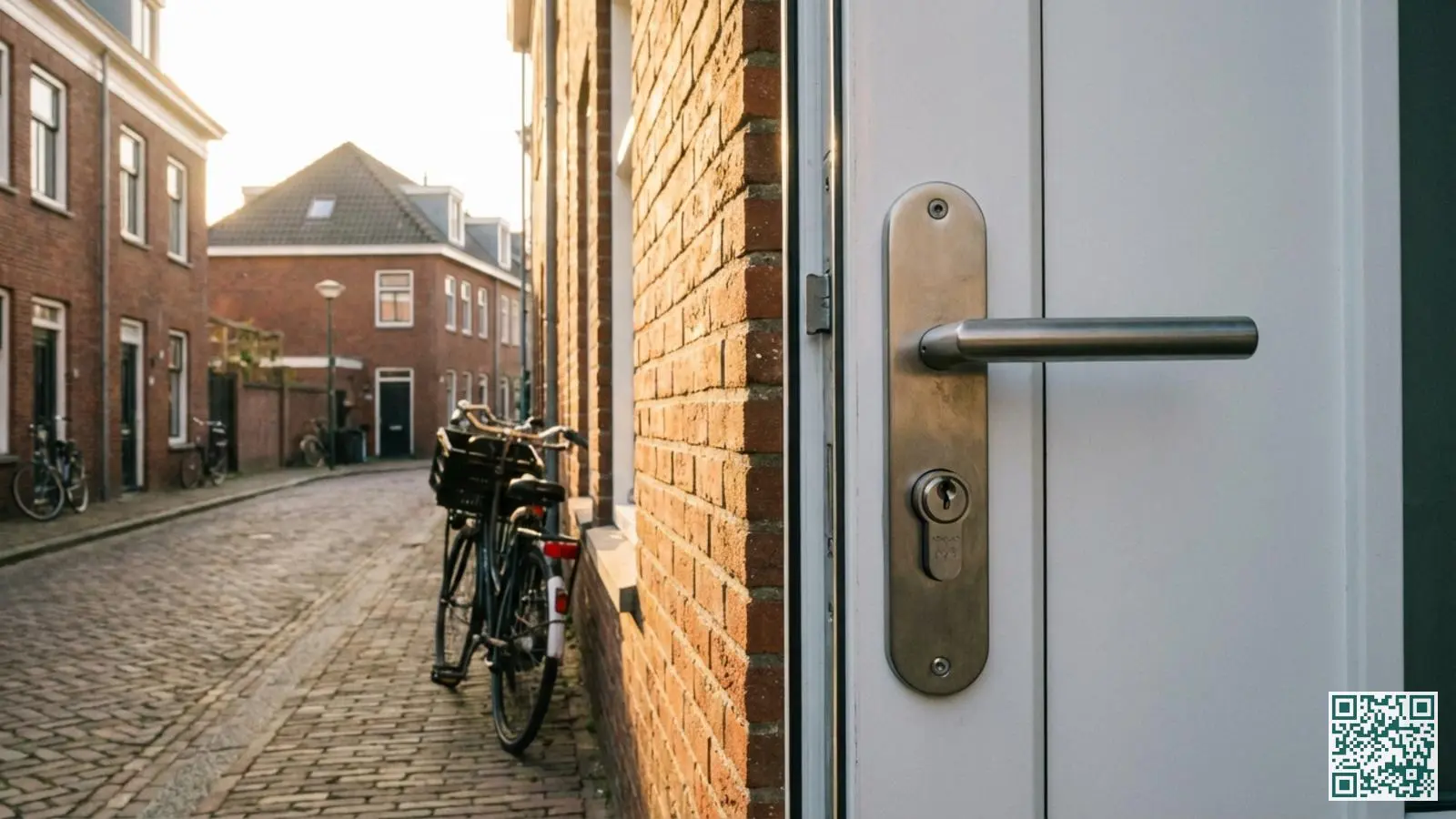 Moderne witte voordeur met zichtbaar veiligheidsslot en stevig deurbeslag in een Nederlandse woonwijk