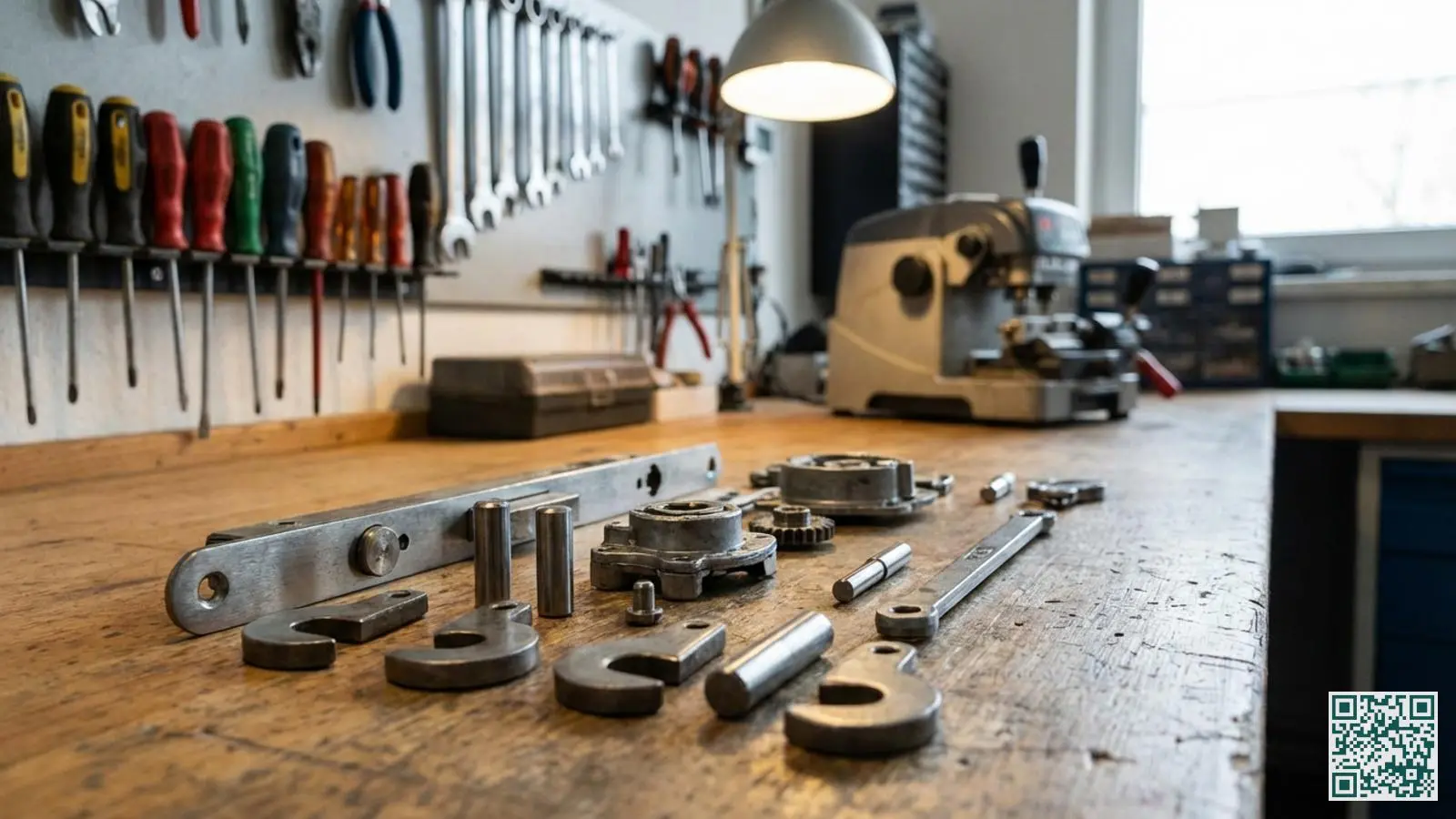 Opengelegd mechanisme van een meerpuntssluiting met stalen haken pinnen en verbindingsstang op werkbank