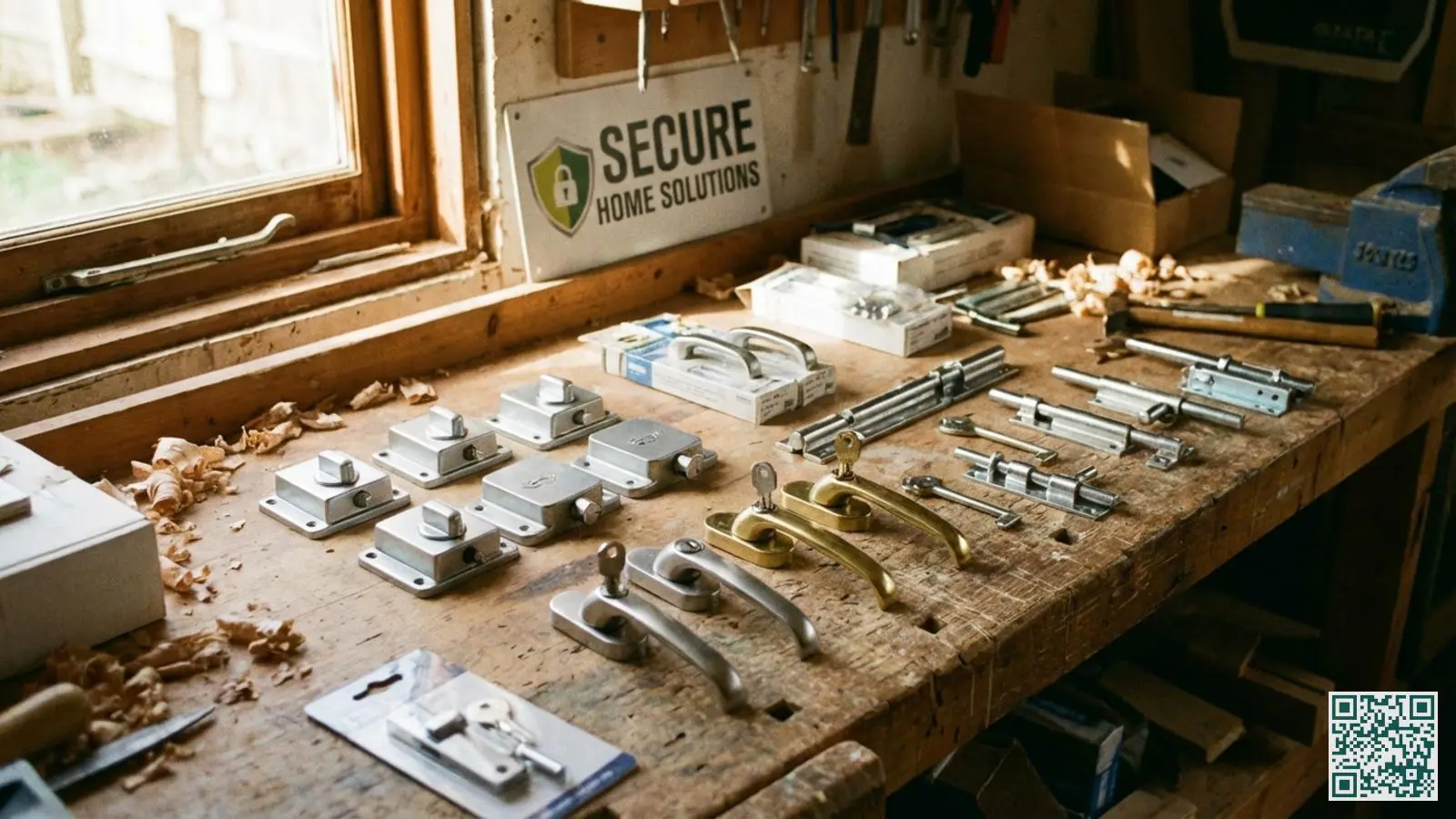 Verschillende soorten raambeveiliging waaronder grendels en afsluitbare raamgrepen uitgestald op een houten werkbank