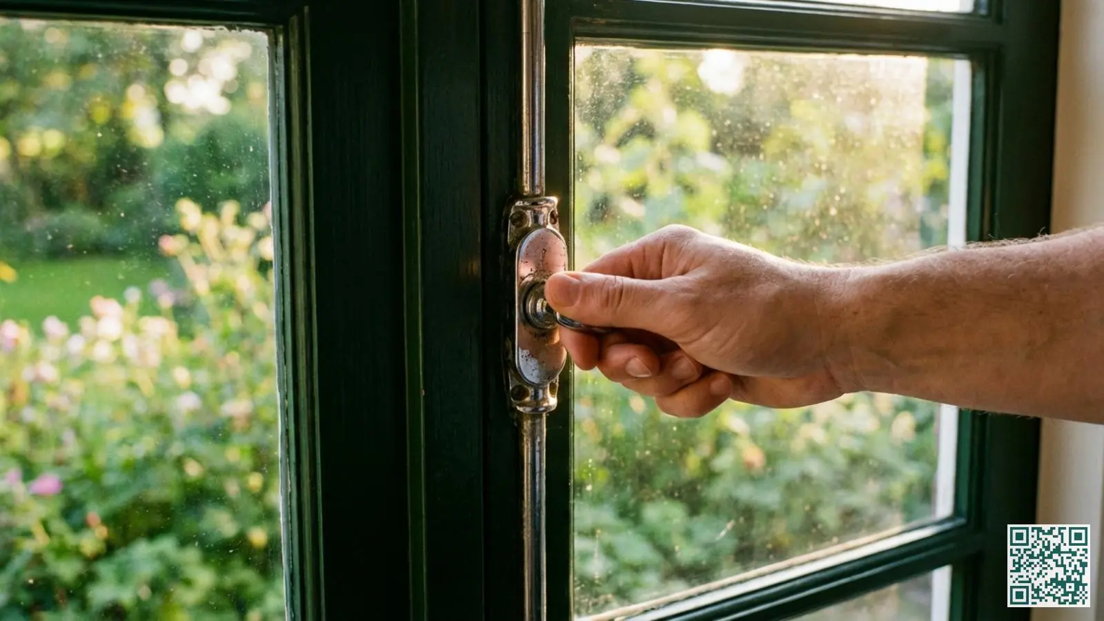 Hand controleert een raamslot aan de achterzijde van een woning met uitzicht op de groene tuin