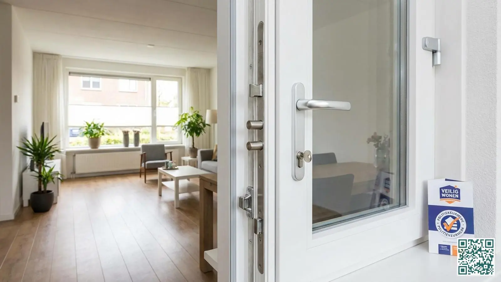 Meerdere raamsloten gemonteerd op een wit kunststof kozijn in een moderne Nederlandse woning met daglicht