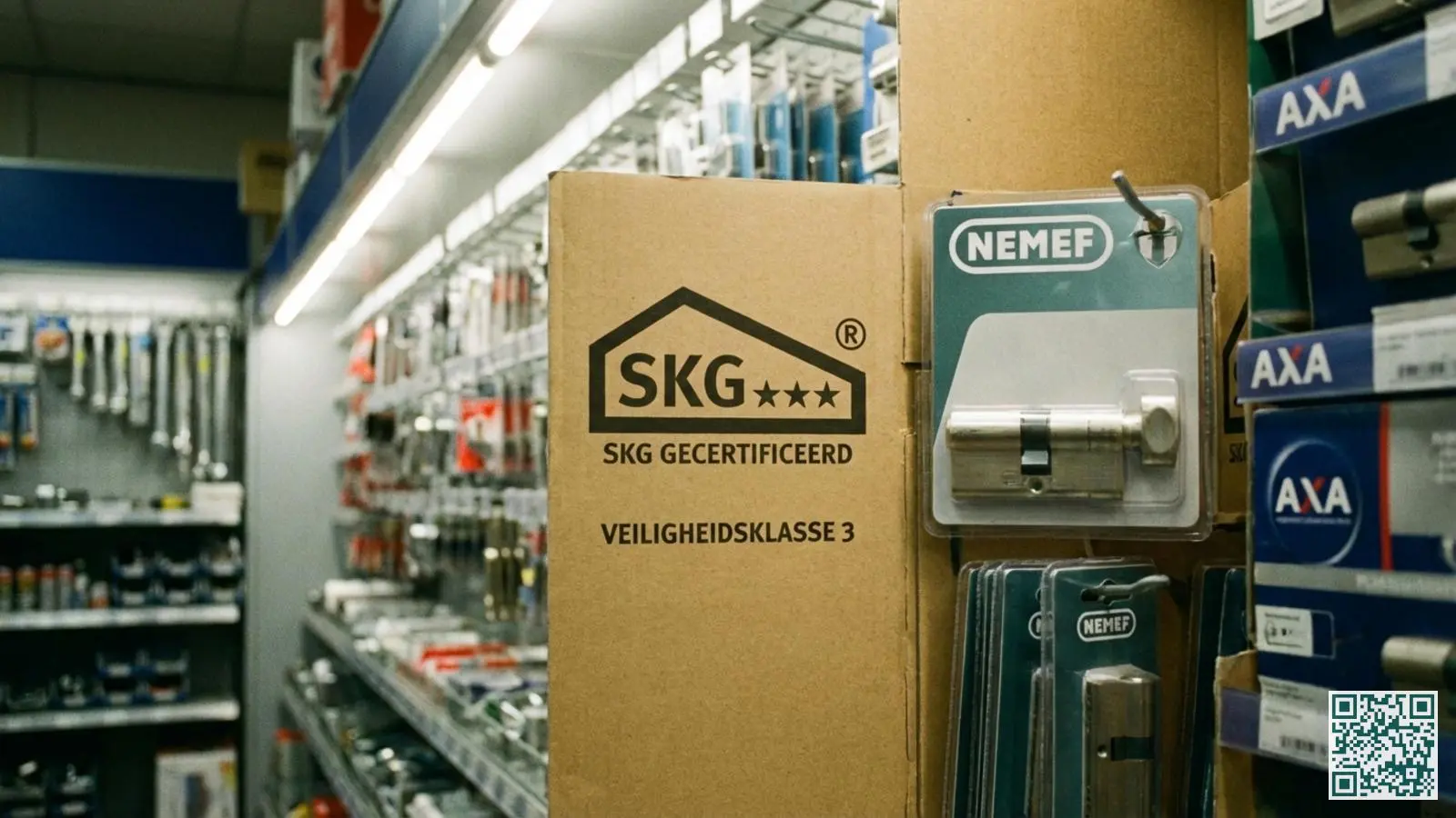 Close-up van SKG-keurmerk met sterrenclassificatie op de verpakking van een cilinderslot in een bouwmarkt