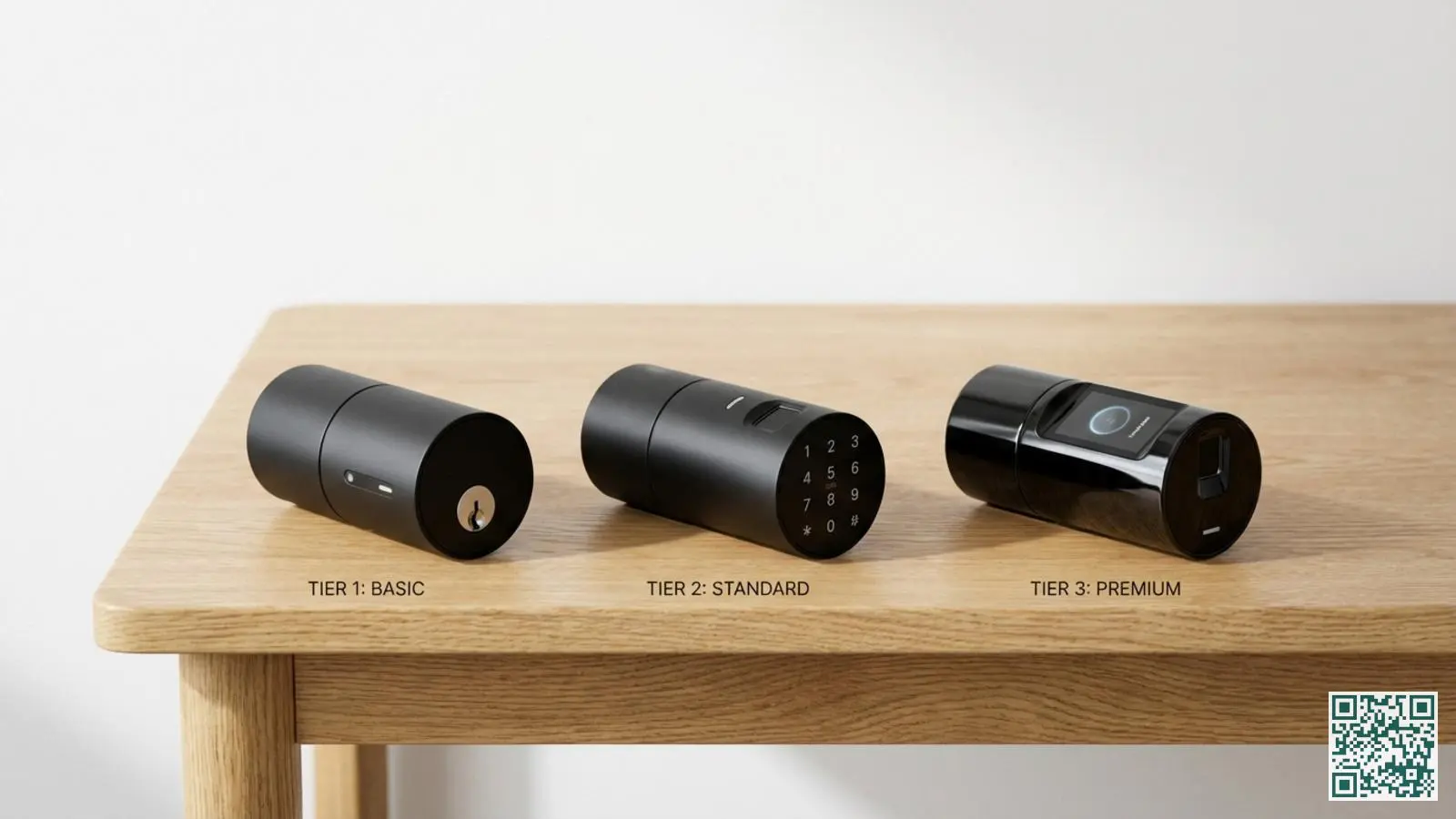 Drie verschillende zwarte slimme slotmodellen naast elkaar op een lichte houten tafel van instapmodel tot premium uitvoering