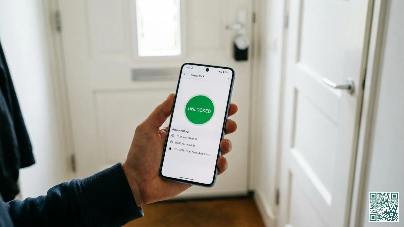 Hand houdt smartphone vast met smart lock app die bedieningsknoppen en toegangsgeschiedenis toont met voordeur op achtergrond
