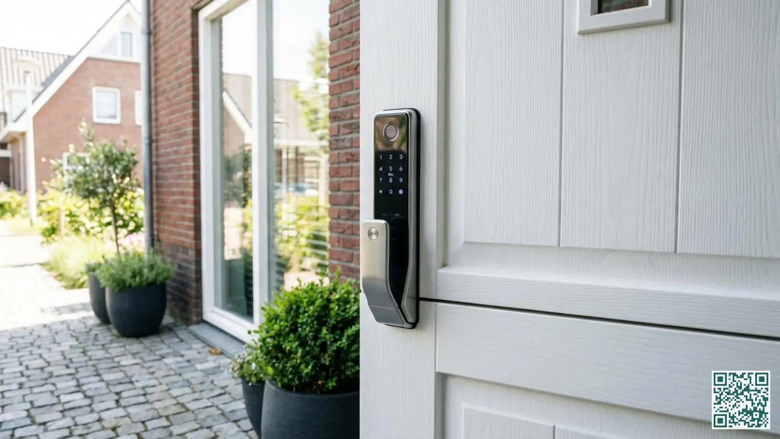Premium smart lock met zilver en zwart design geïnstalleerd op een witte Nederlandse voordeur