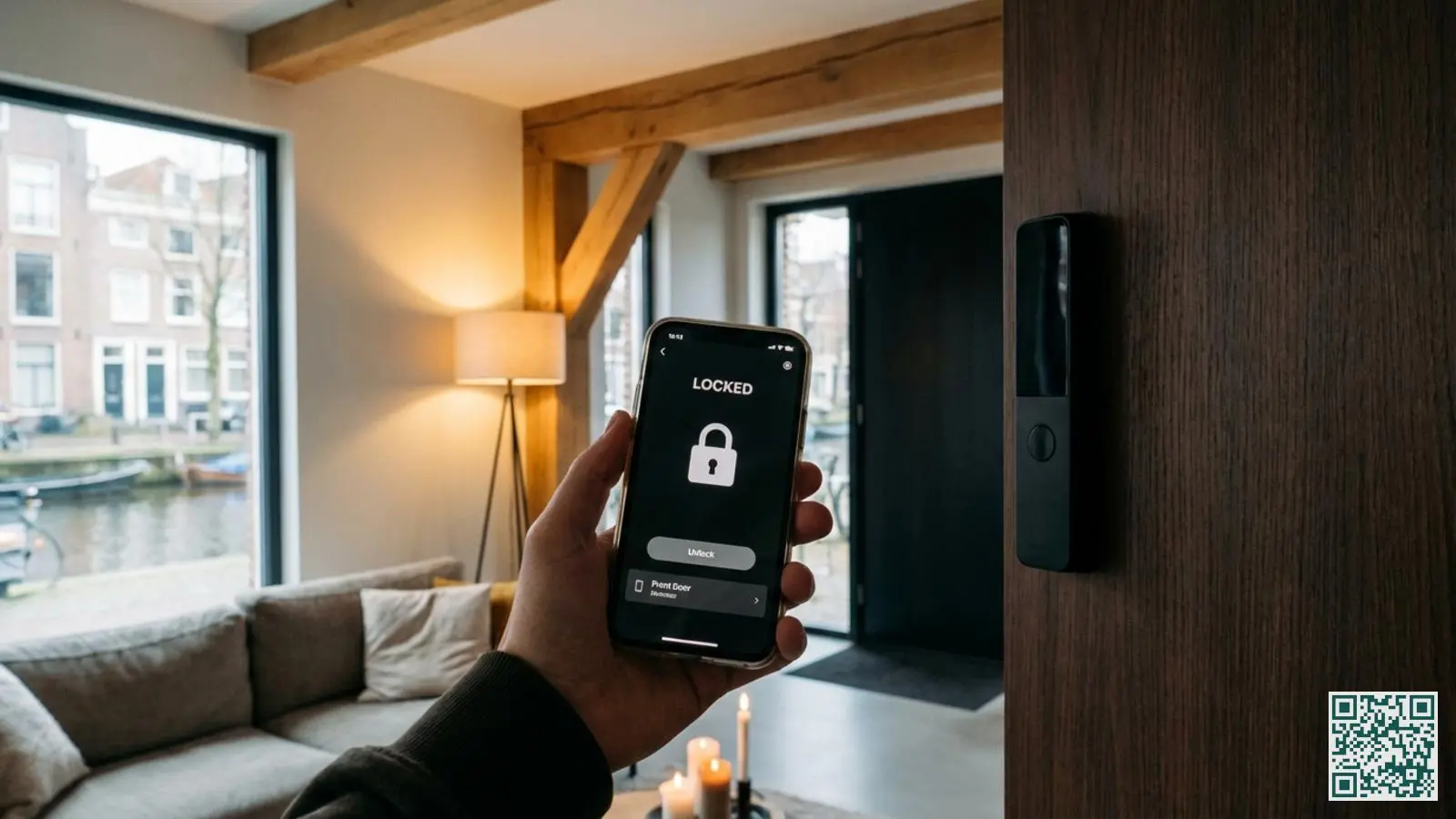 Smartphone met smart lock app in moderne woonkamer met slim deurslot zichtbaar op de achtergrond