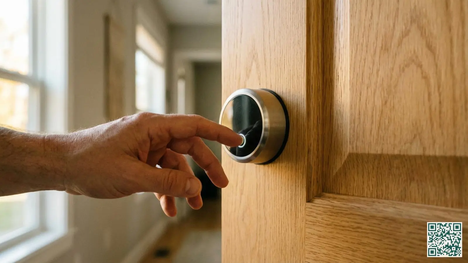 Hand raakt de touch-rozet van een slim deurslot aan om de voordeur te ontgrendelen