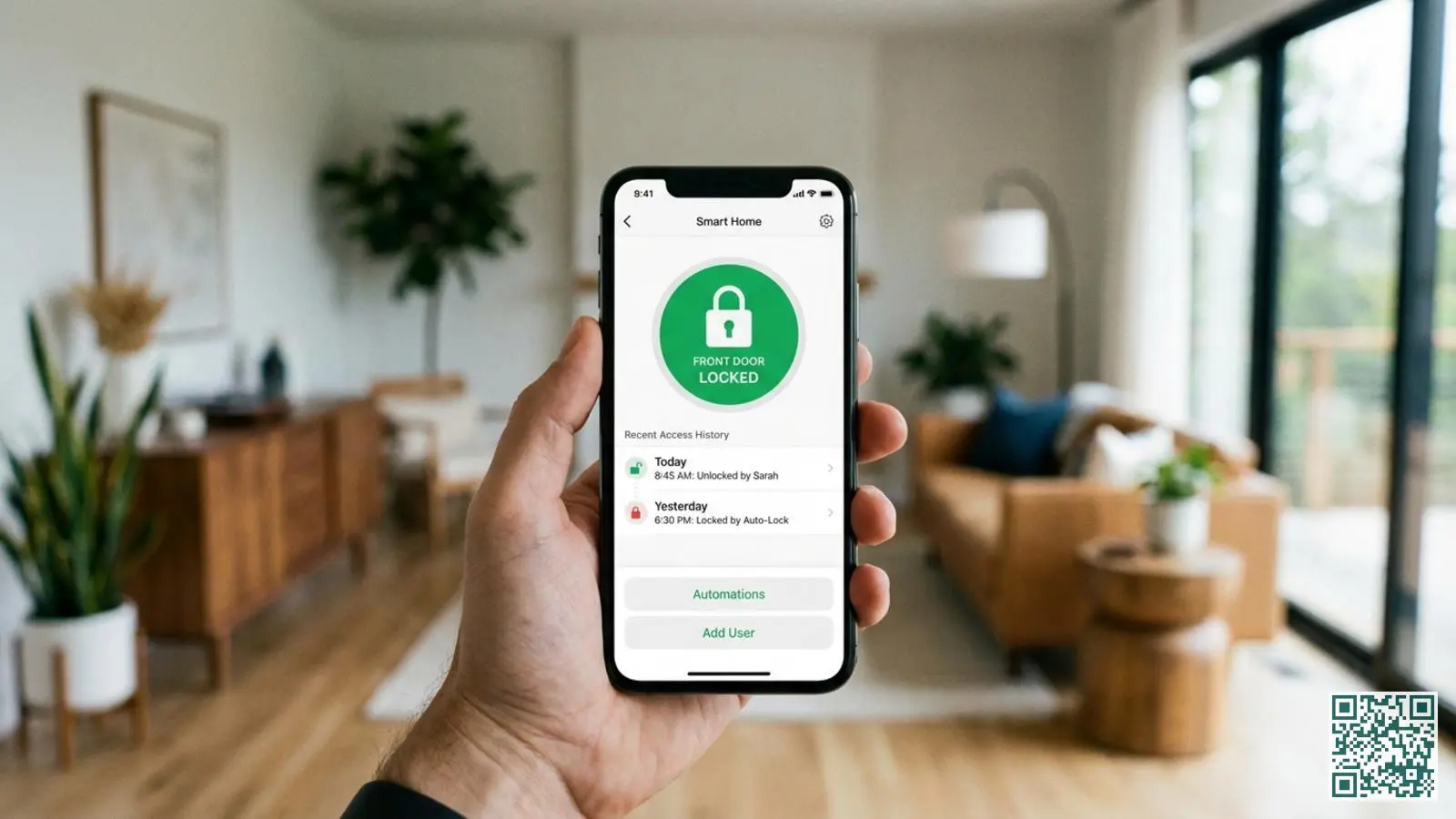 Hand houdt smartphone vast met Nuki app interface die slotstatus en toegangsbeheer toont in moderne woonkamer