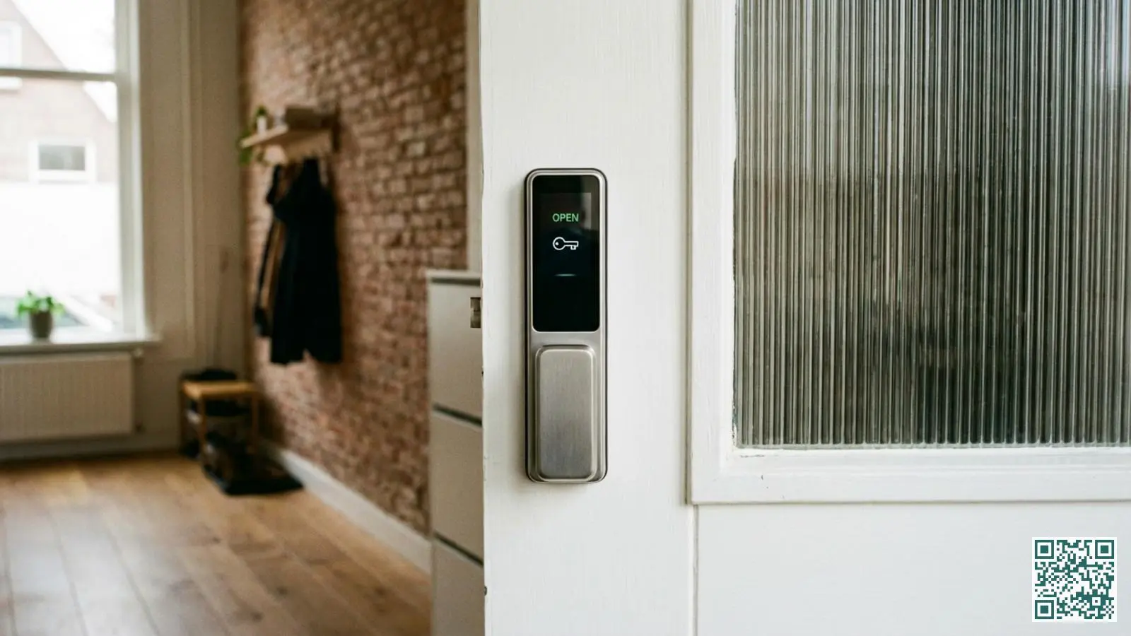 Modern zilverkleurig smart lock gemonteerd op een witte houten voordeur in een Nederlandse hal met natuurlijk daglicht