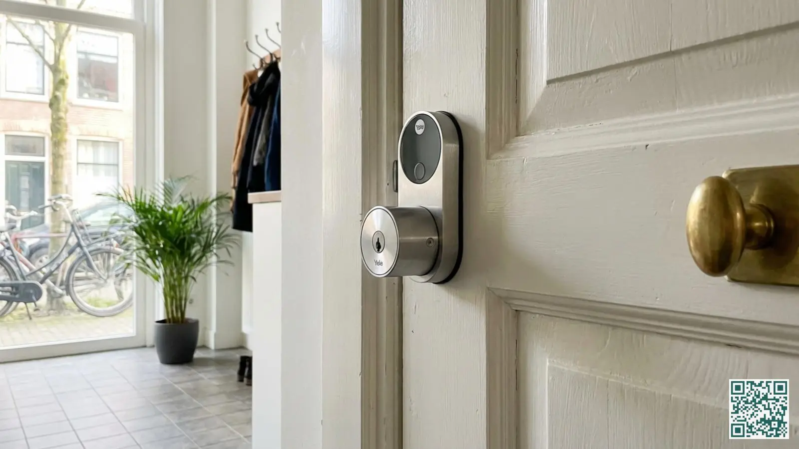 Yale Linus smart lock gemonteerd op de binnenkant van een witte houten voordeur in een Nederlandse woning