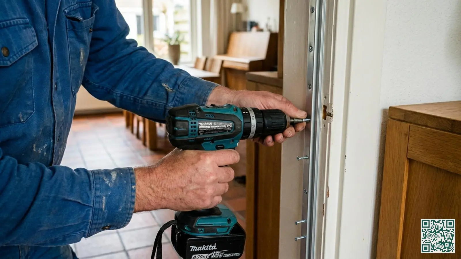 Handen die met een accuboormachine een anti-inbraakstrip monteren op een wit deurkozijn in een woning