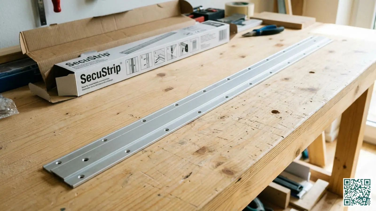 SecuStrip Plus anti-inbraakstrip product met zilveren afwerking en montagegaten op een houten werkbank