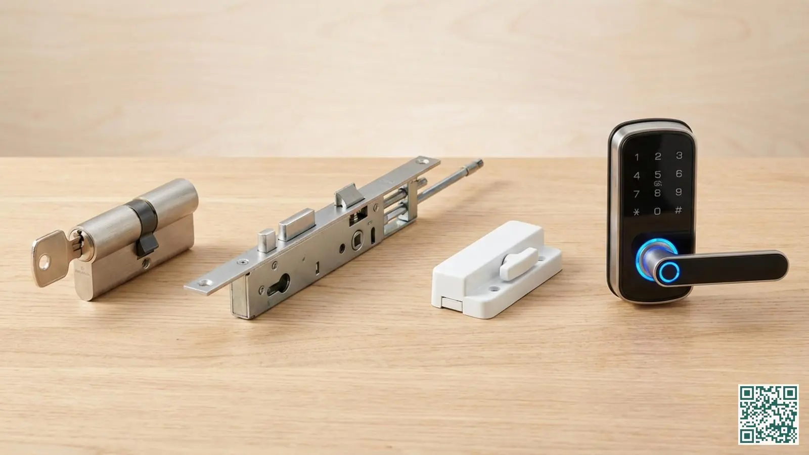 Overzicht van verschillende slottypen naast elkaar waaronder cilinderslot meerpuntssluiting raamslot en smart lock