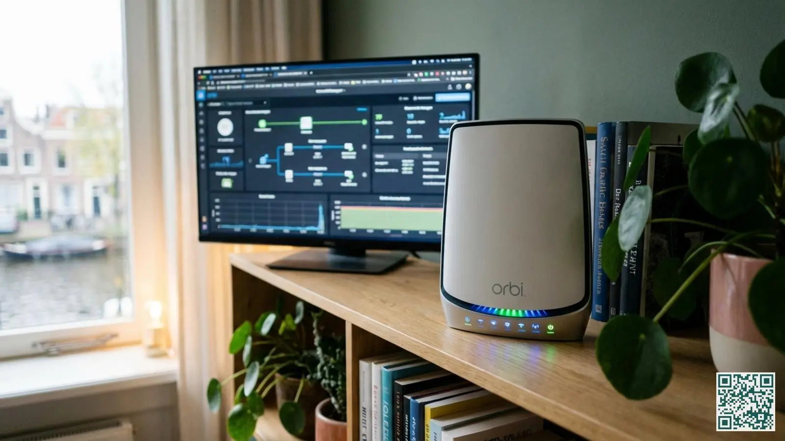 Moderne WiFi router met LED-lampjes en computerscherm dat netwerksegmentatie interface toont in Nederlandse woonkamer