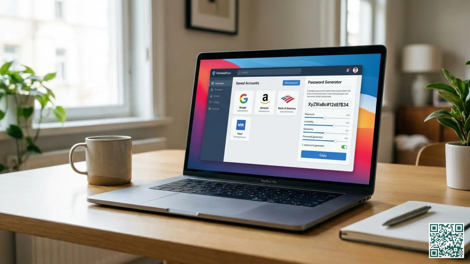 Laptopscherm toont wachtwoordmanager applicatie met opgeslagen accounts en wachtwoordgenerator op houten bureau