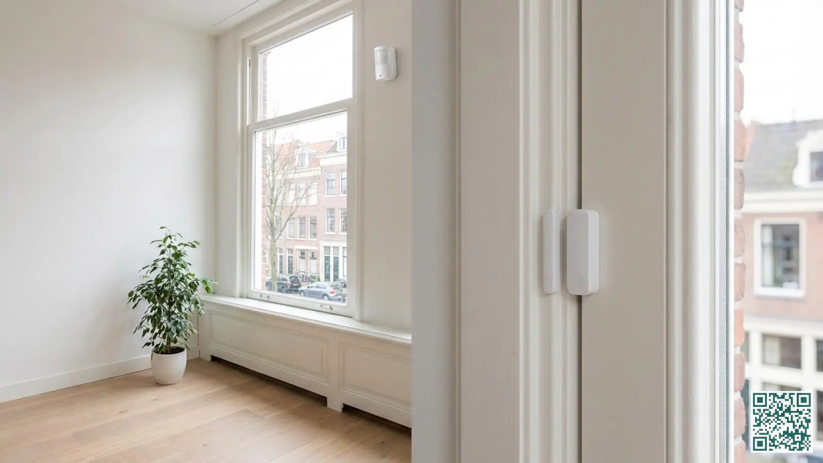 Draadloze beveiligingssensoren gemonteerd op wit raamkozijn en deur in moderne Nederlandse woning