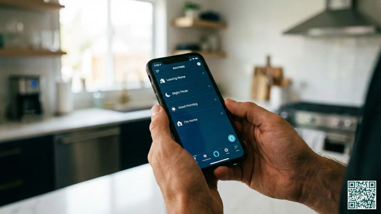 Handen houden een smartphone vast met de Alexa app geopend op het routines scherm voor woningbeveiliging