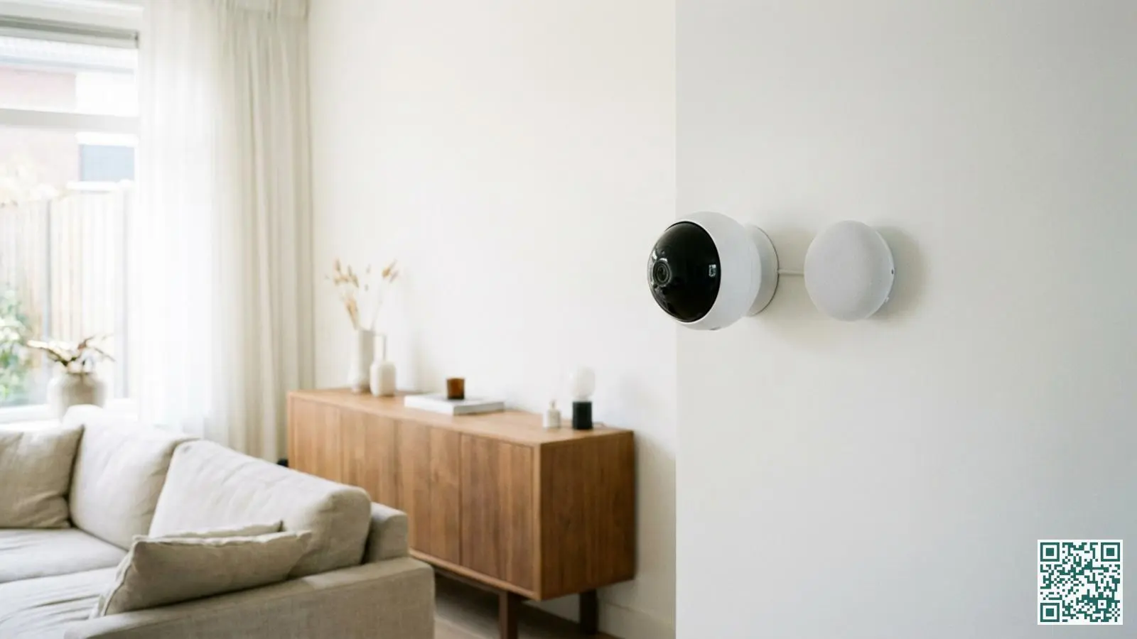 Witte beveiligingscamera gemonteerd aan muur naast compacte smart speaker in moderne Nederlandse woonkamer
