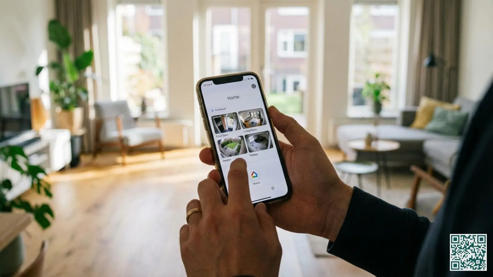 Handen houden smartphone vast met Google Home app die meerdere beveiligingscamera feeds toont in moderne woonkamer