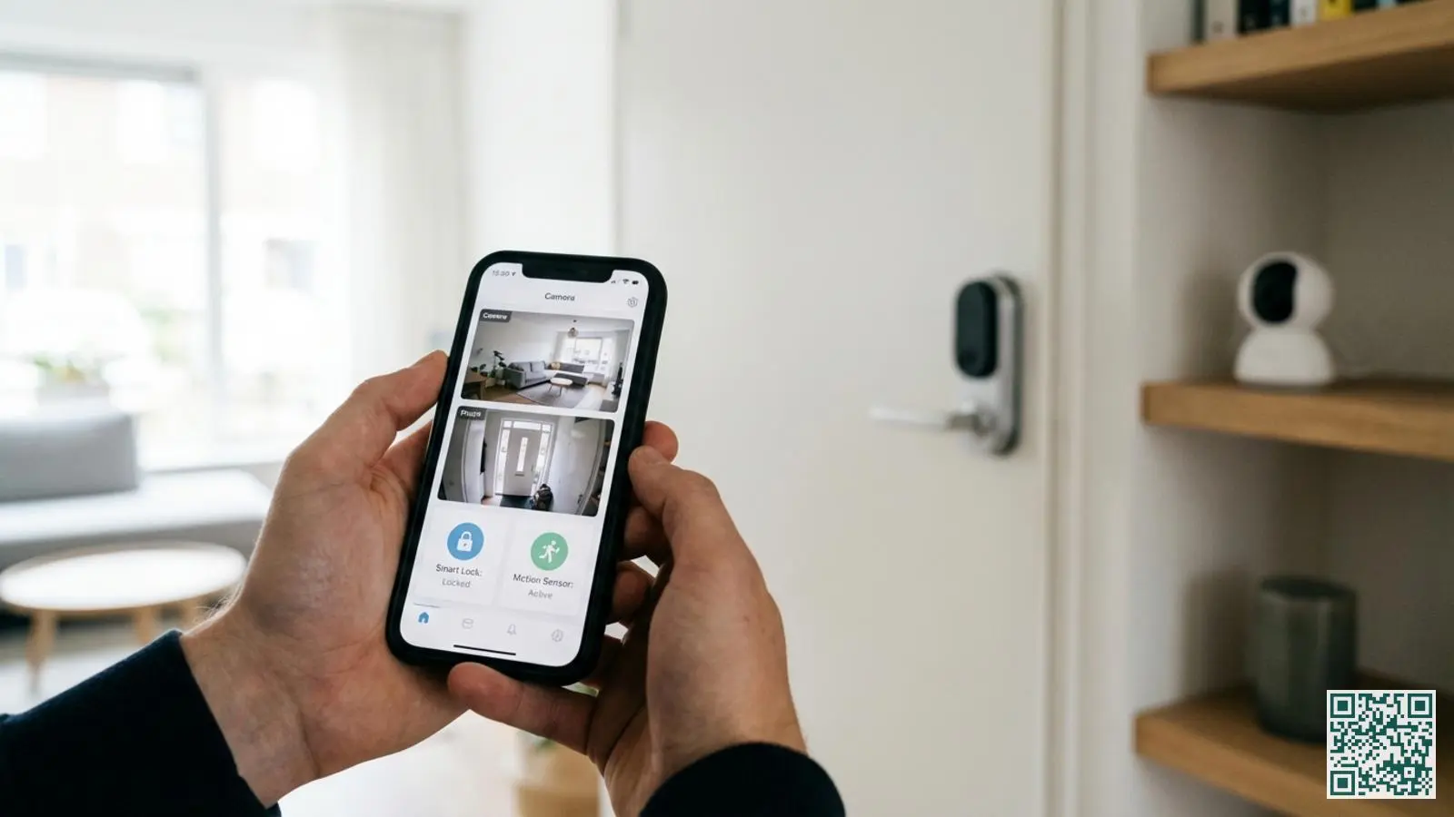 Handen houden smartphone met smart home beveiligingsapp, op achtergrond slim slot en camera in moderne woonkamer