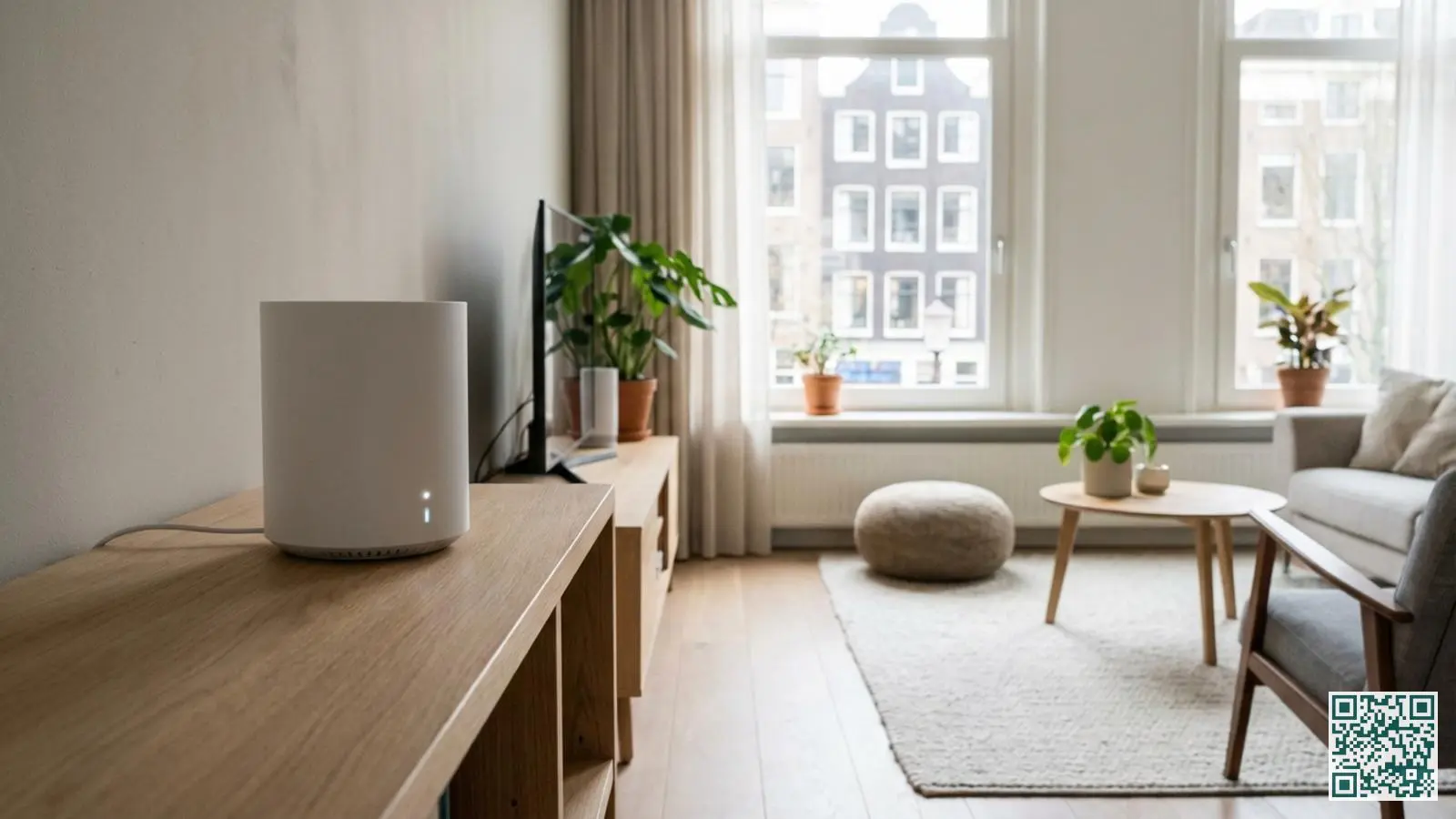 Moderne witte smart home hub op een houten plank in een lichte Nederlandse woonkamer met minimalistische inrichting