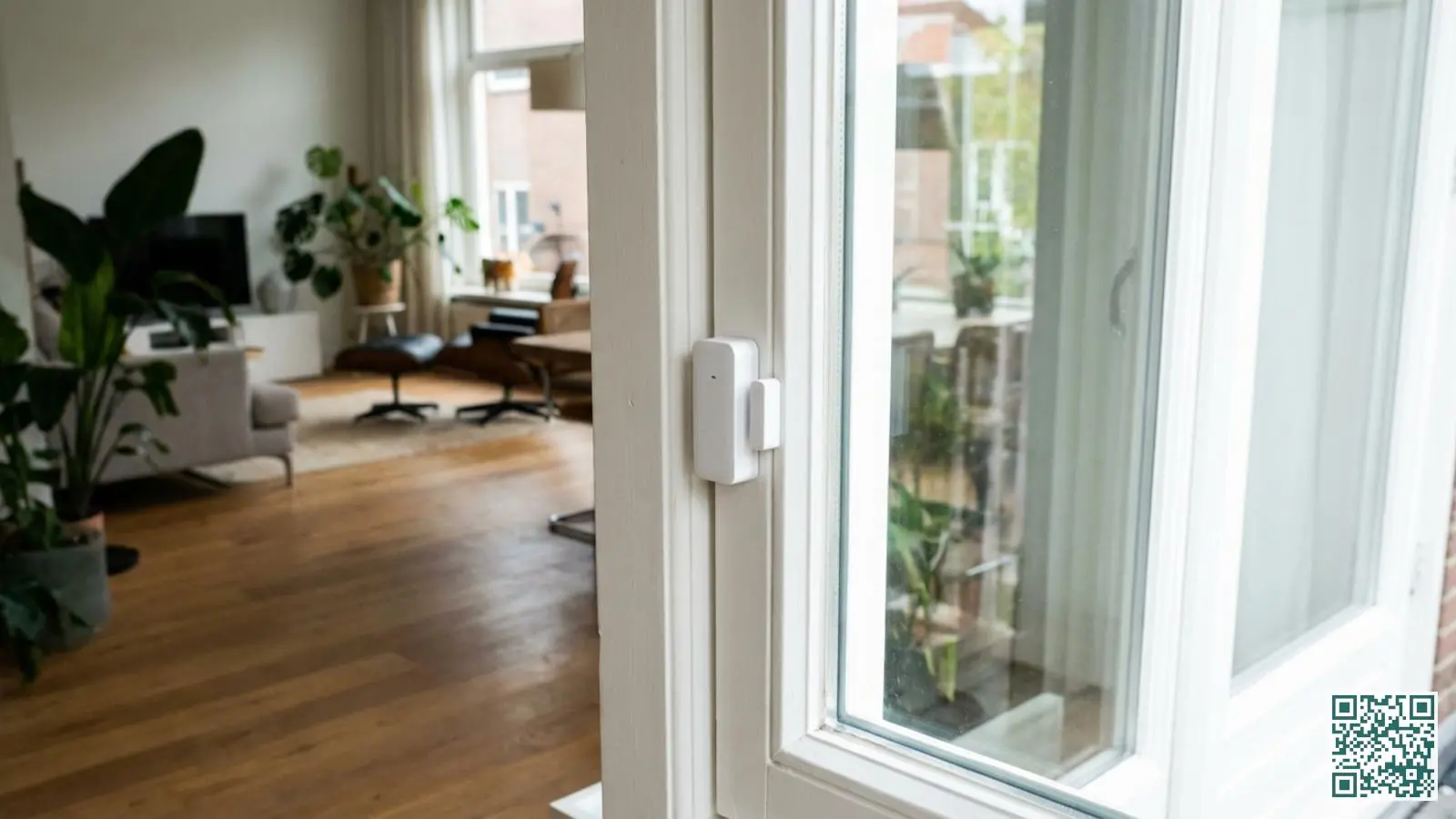 Kleine witte draadloze Zigbee sensor gemonteerd op een wit raamkozijn voor inbraakdetectie in een Nederlandse woning