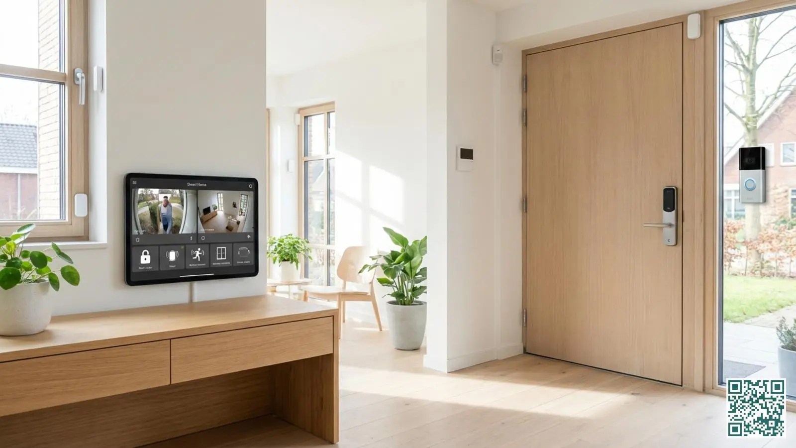 Modern smart home beveiligingssysteem met tablet dashboard en slimme sensoren in een lichte Nederlandse woonkamer