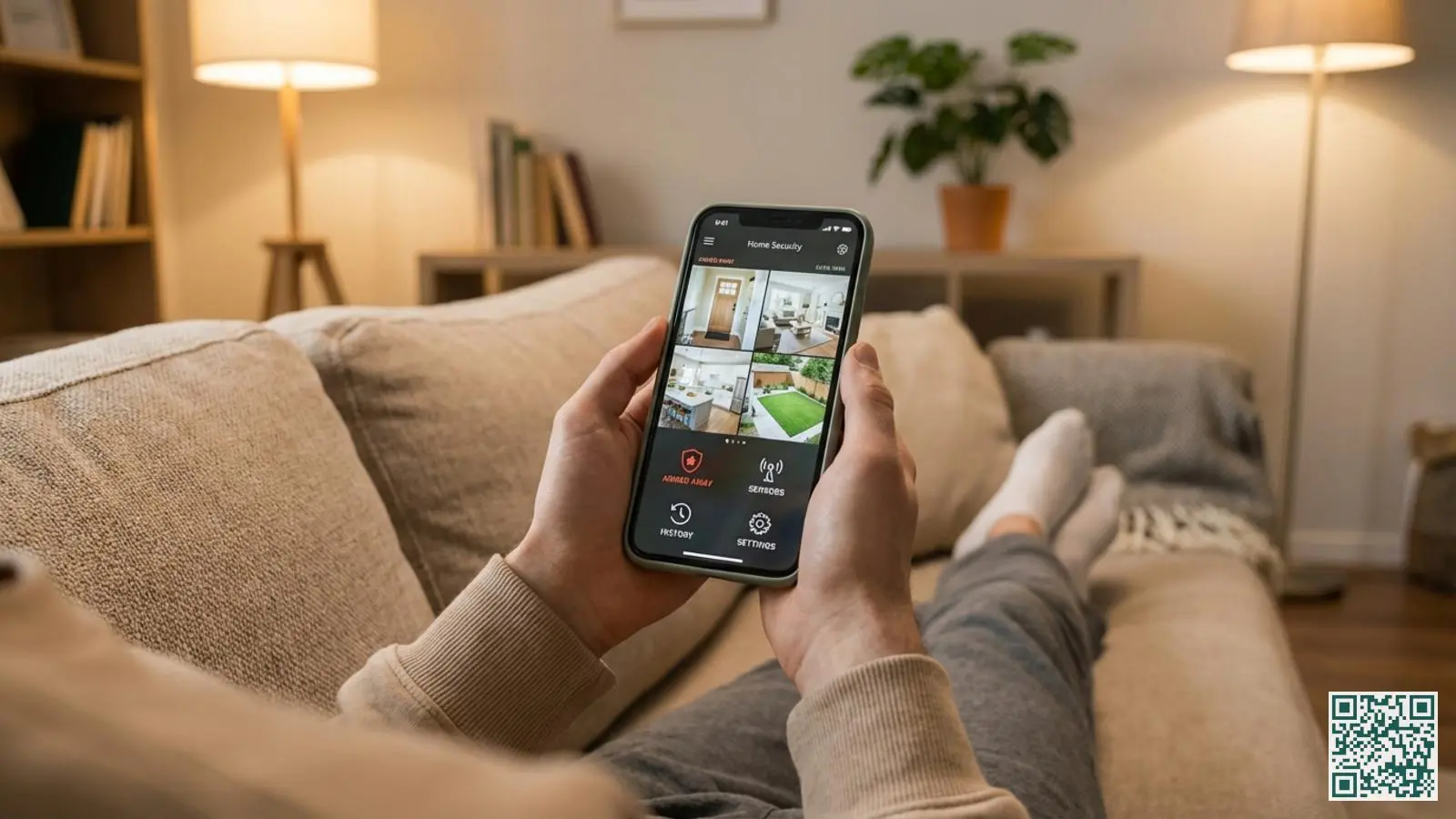 Handen houden smartphone vast met beveiligingsapp die camerabeelden en alarmstatus toont in huiskamer