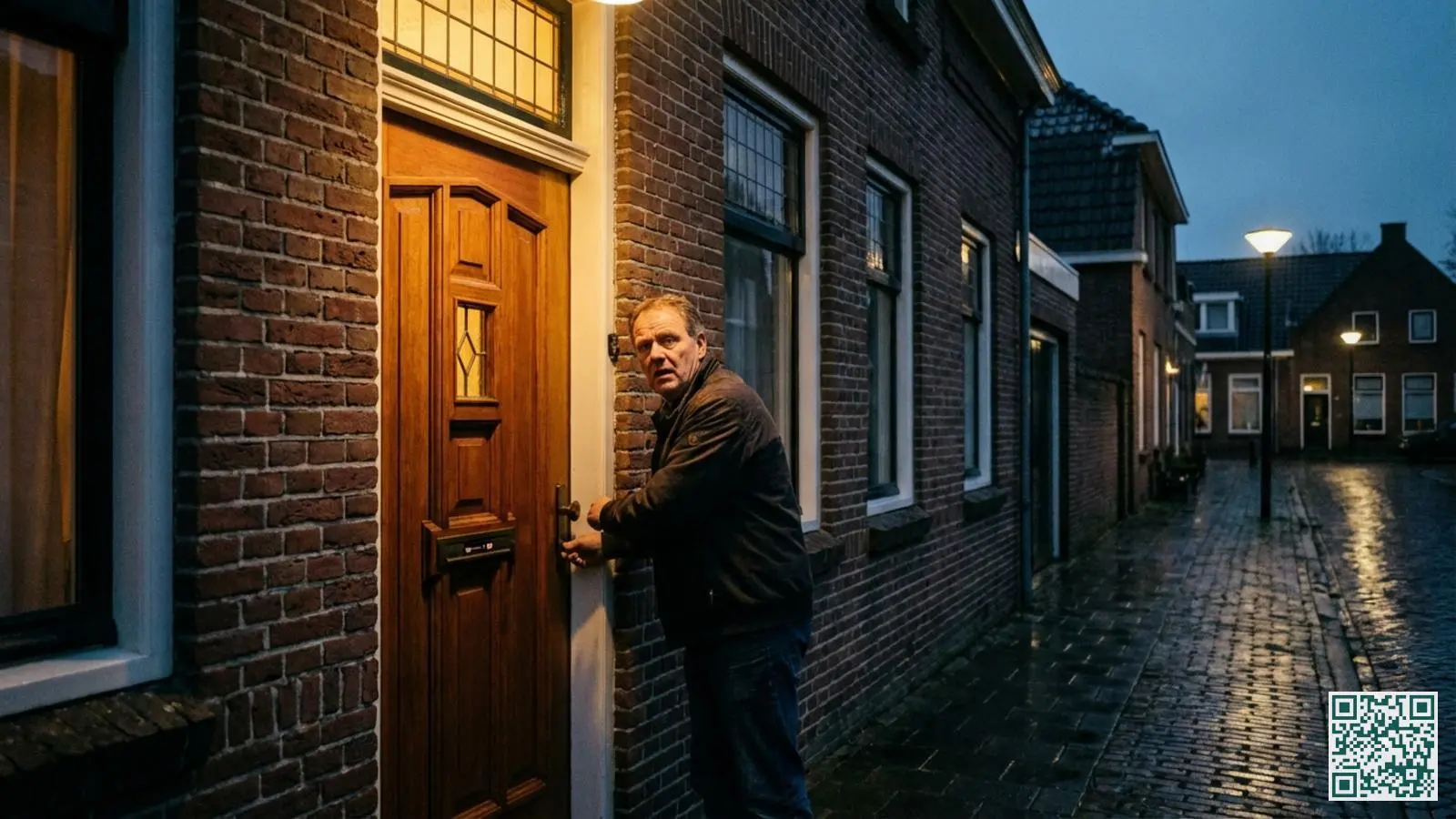 Bezorgde huiseigenaar staat bij de voordeur en controleert het slot in de avondschemering
