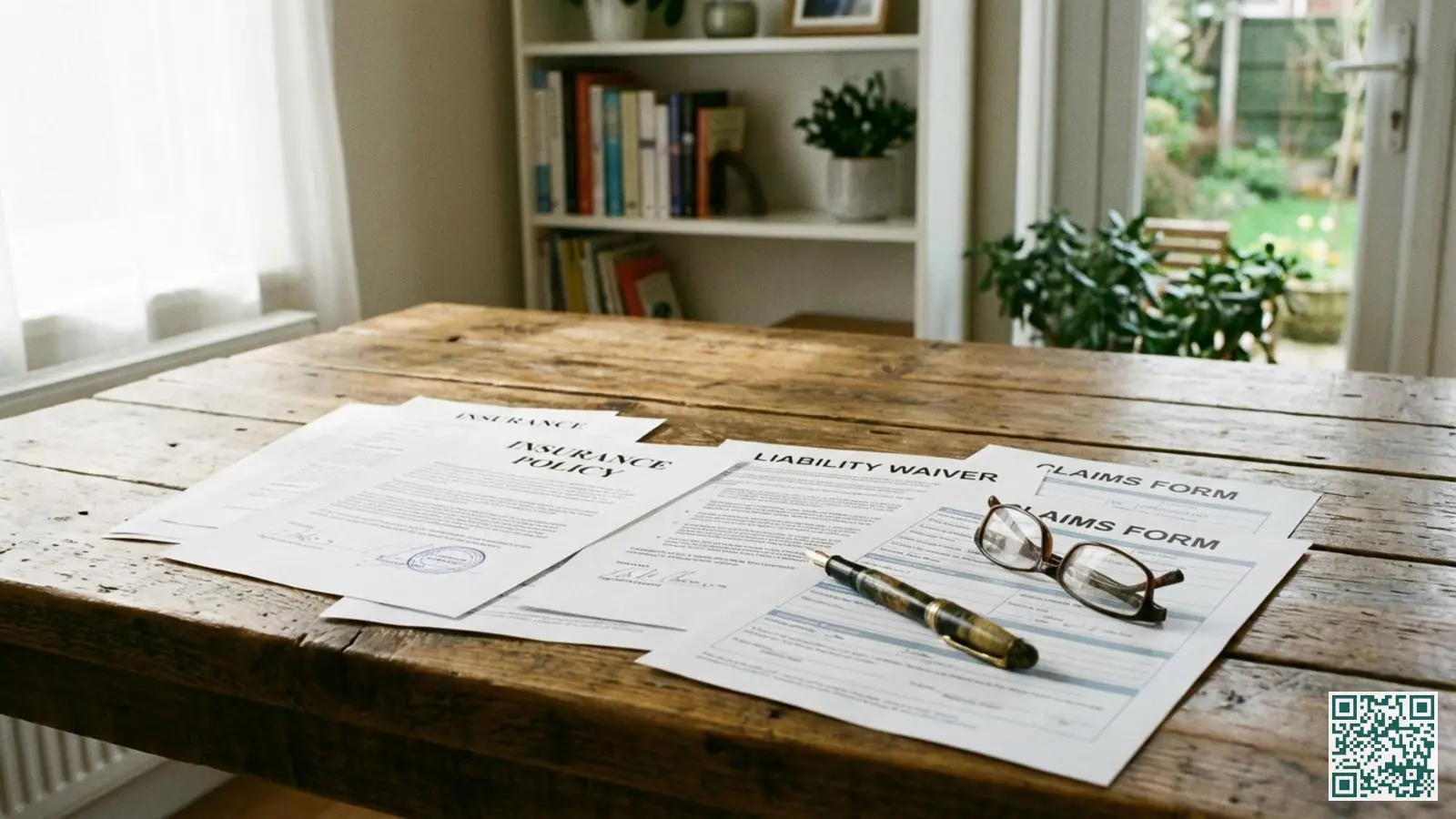 Juridische documenten en polisvoorwaarden over aansprakelijkheid liggen op een houten bureau met leeswerk