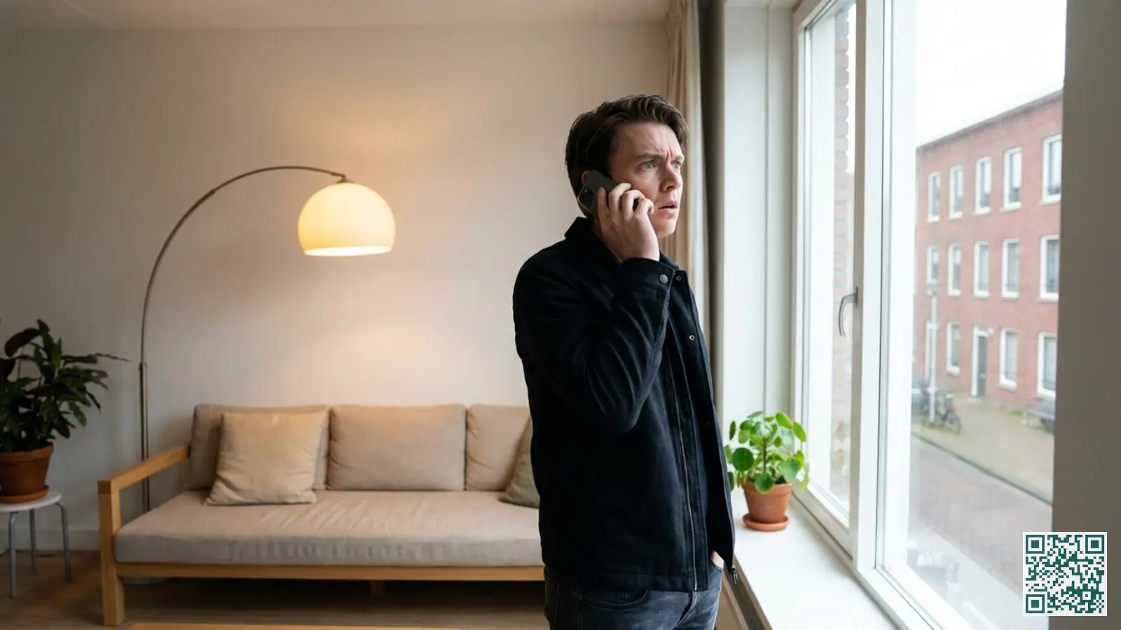 Persoon belt met bezorgde blik de politie op een smartphone in een Nederlandse woonkamer