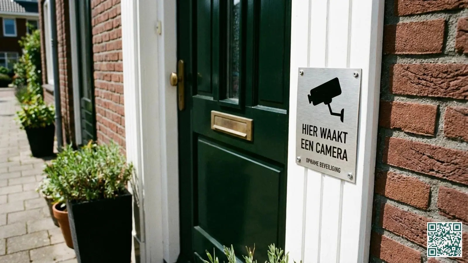 Waarschuwingsbord voor camerabewaking bij de voordeur van een Nederlandse woning met camera-icoon en tekst